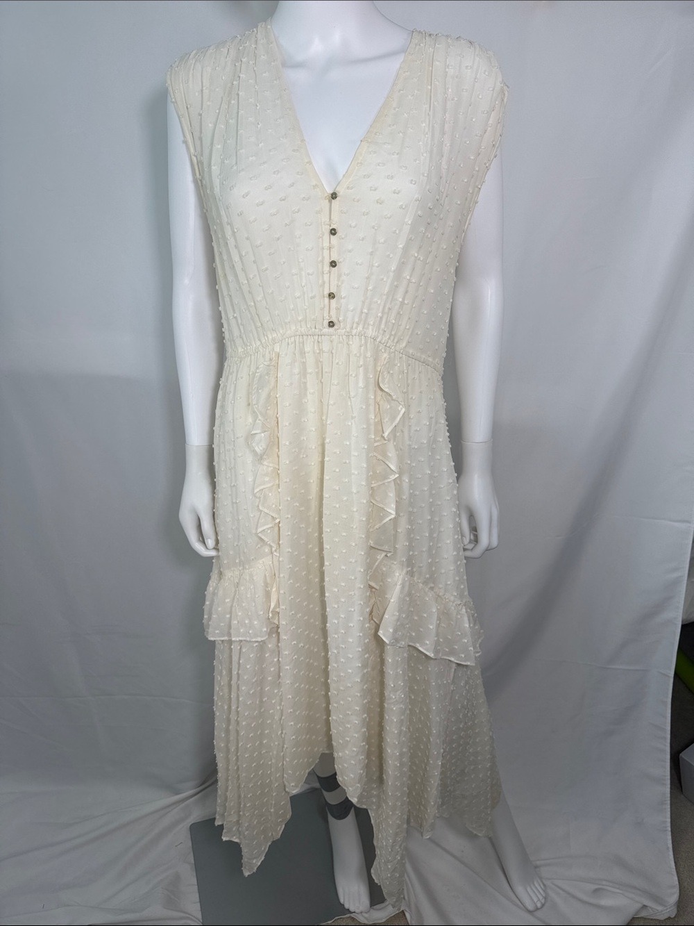 Ulla Johnson Aurelie Cream Swiss Dot Ruffle Asymmetric Midi Dress 6